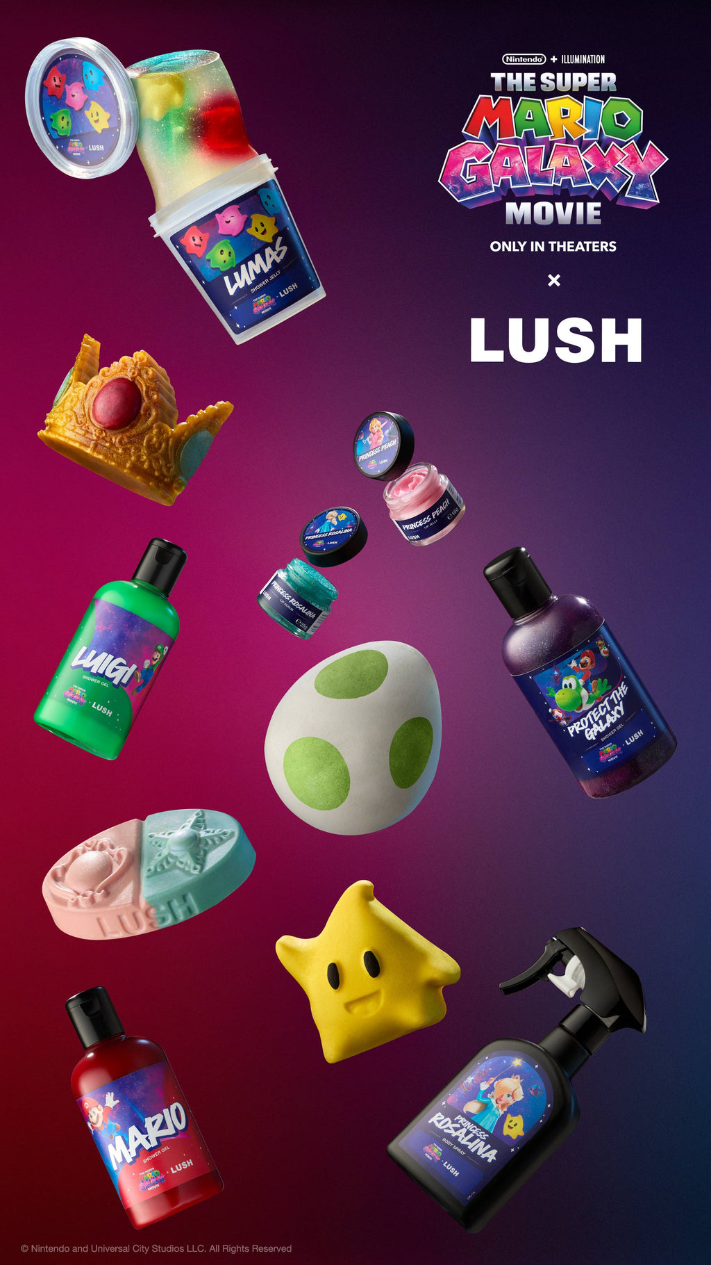 All Mario Galaxy X Lush themed products including a Yoshi egg, Luma shaped bath bomb, Lip scrub, Lip Balm, Body spray, shower jelly, crown shaped soap, massage bar and colorful shower gels floating against a purple gradient.