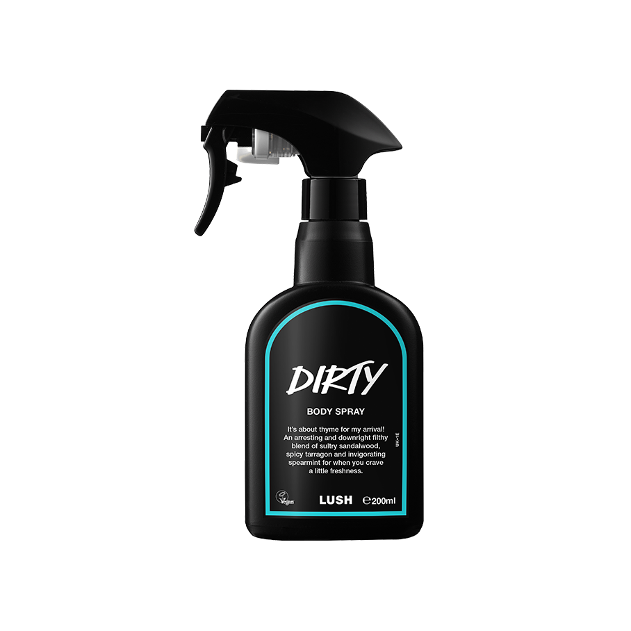 Dirty body spray. A black spray bottle of Lush "Dirty" Body Spray. The product label is black with a neon-blue banded border. White text states the product name and the scent description.