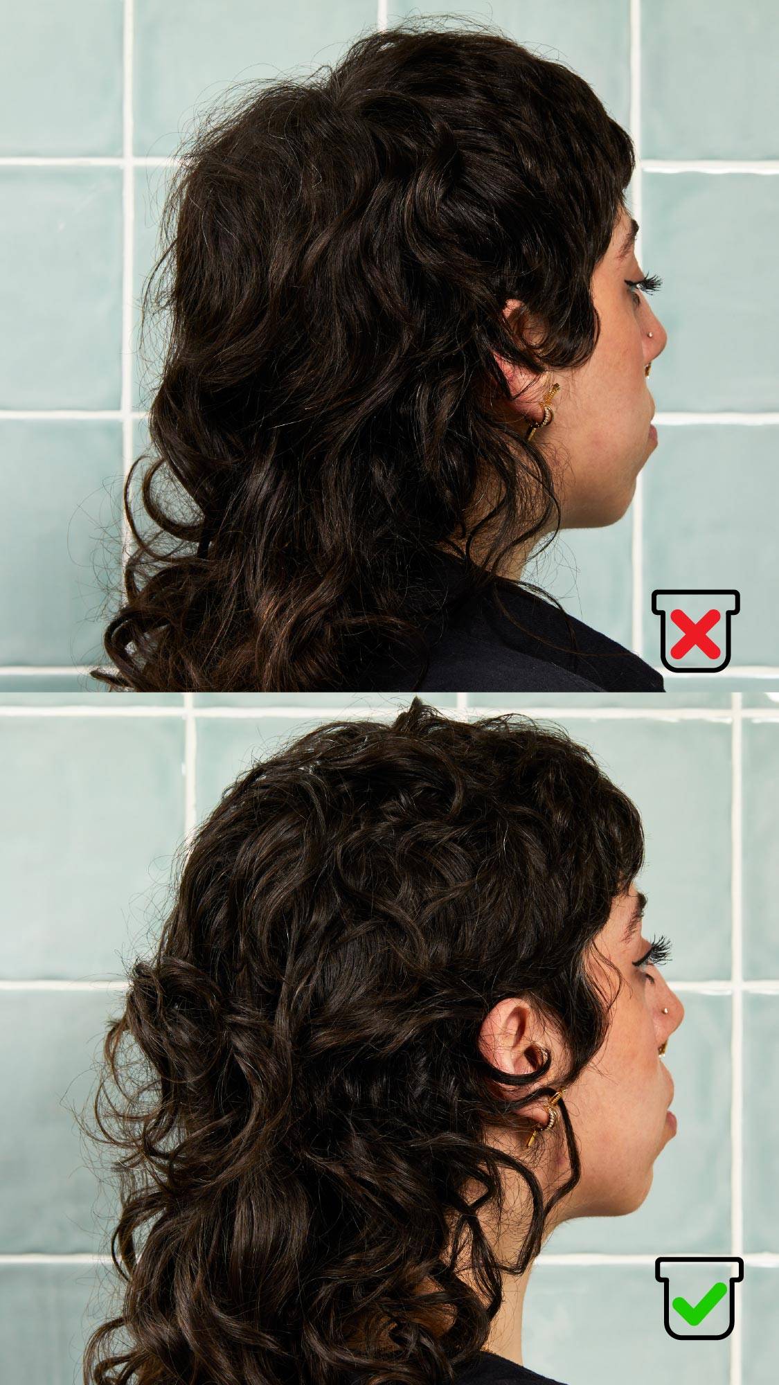 Before-and-after side profile of curly dark hair against blue-green tiles. The top panel has a red cross icon showing frizzier hair; the bottom panel has a green tick icon showing more defined, hydrated curls after hair treatment.