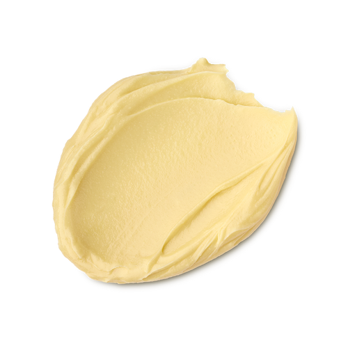 Acai And Sacha Inchi. A neatly smudged swatch of creamy, soft, buttery-yellow facial cleanser.