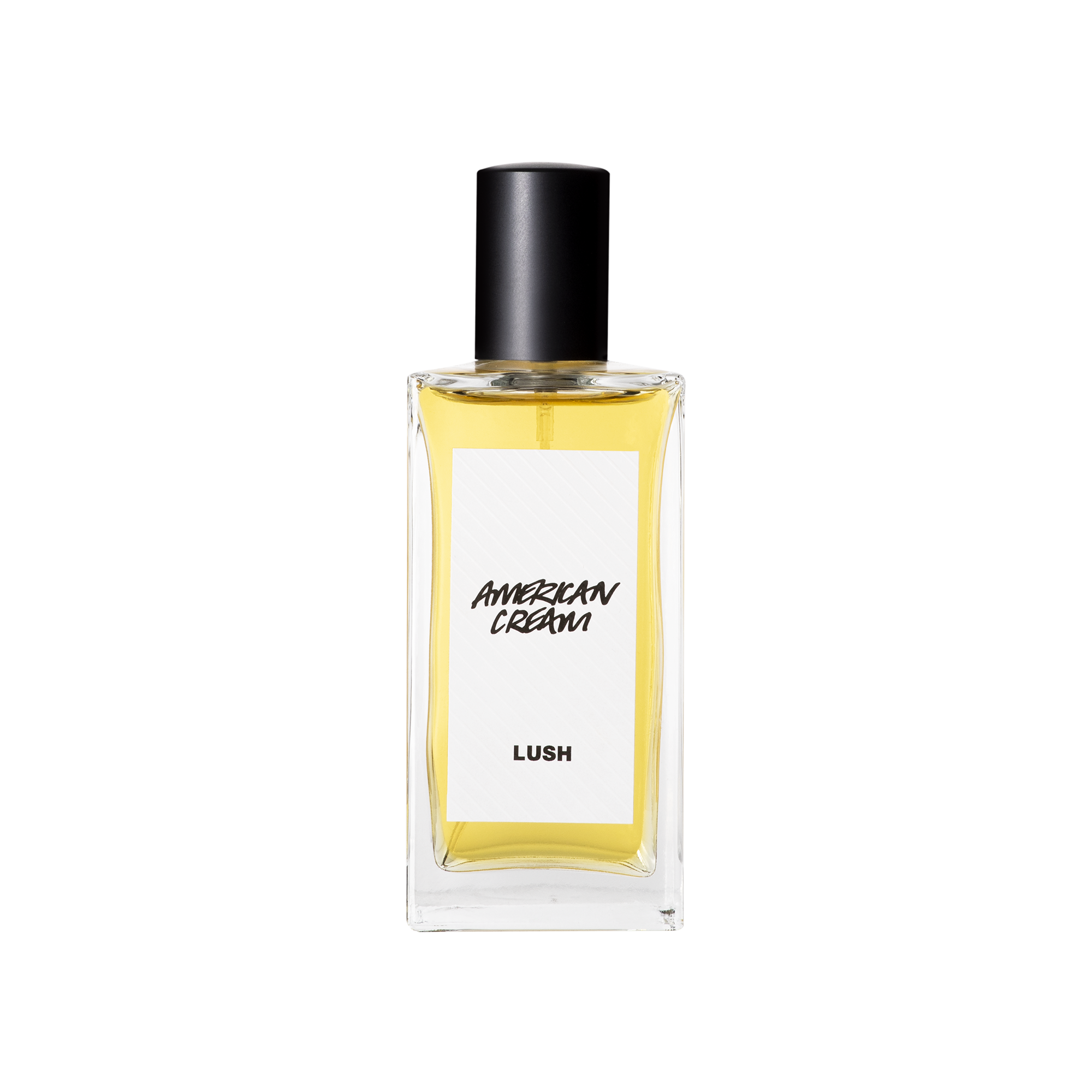 A glass perfume bottle filled with light amber liquid. A white label reads 'American Cream'.