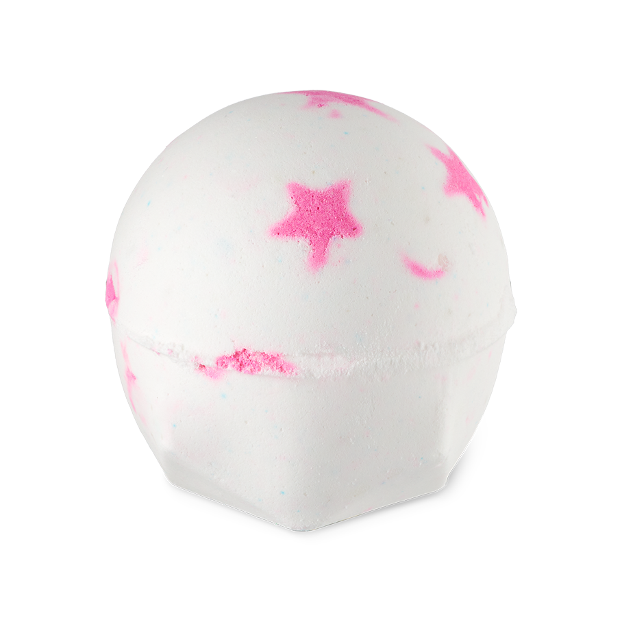 American Cream. A classic LUSH bath bomb shame in delicate white with bright pink star shapes and flecks of colour across the whole surface.