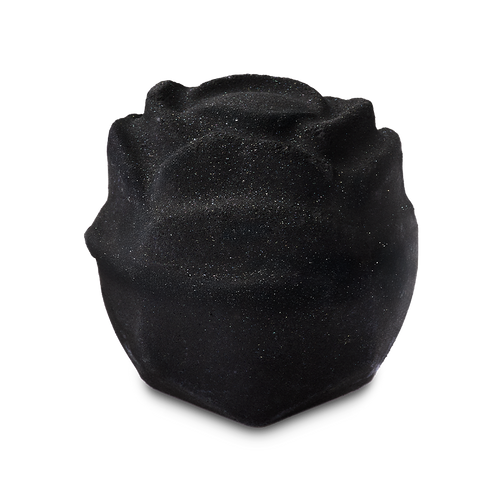 Black Rose bath bomb. A charcoal-grey bath bomb intricately shaped like a blooming rose. It features a shimmering layer of silver plastic-free glitter across the delicate, textured petals. Standing alone against a plain light grey background.