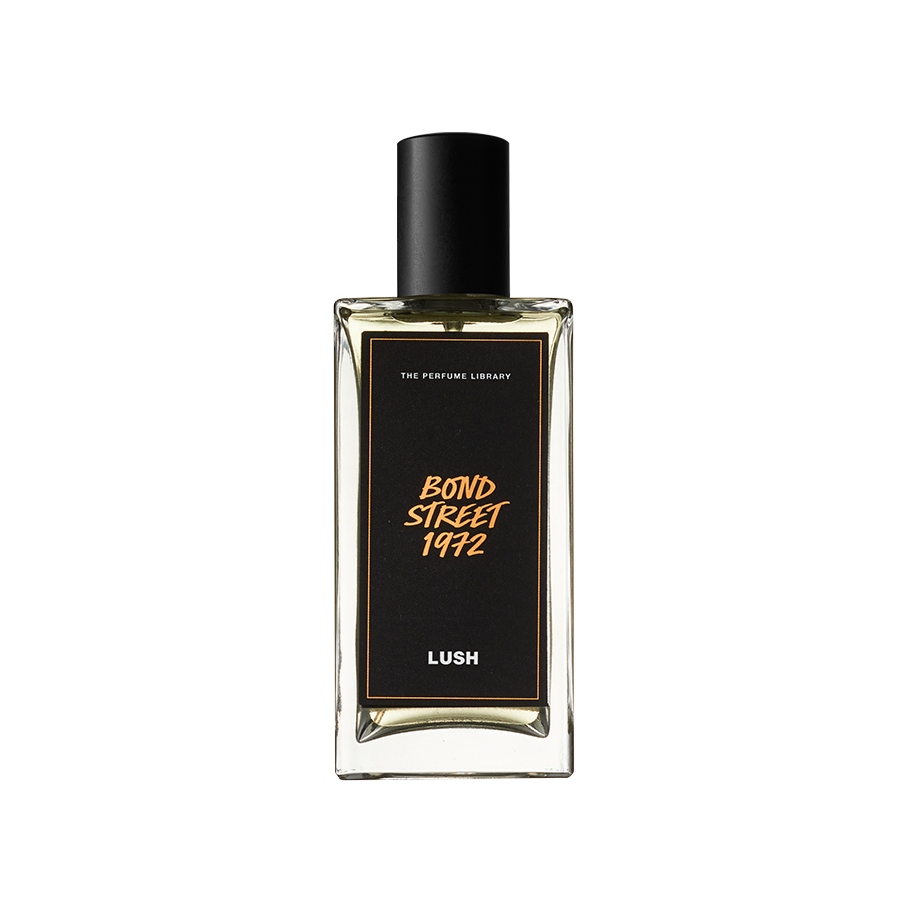Bond Street 1972. A rectangular, glass perfume bottle with a black cap is filled with translucent, off-clear liquid. A black label reads 'Bond Street 1972'.
