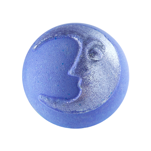 Brother Moon. A perfectly round, enchanted purple colour bath bomb with an embossed crescent moon on the top, coated in shimmer silver lustre.