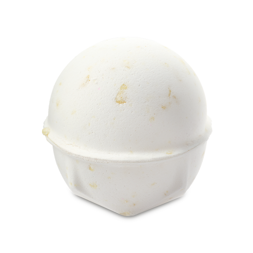 Butterball bath bomb. A smooth, ivory-white spherical bath bomb with a slightly textured surface. Small, buttery specks of cocoa butter are visible across the exterior. Standing alone against a plain light grey background.