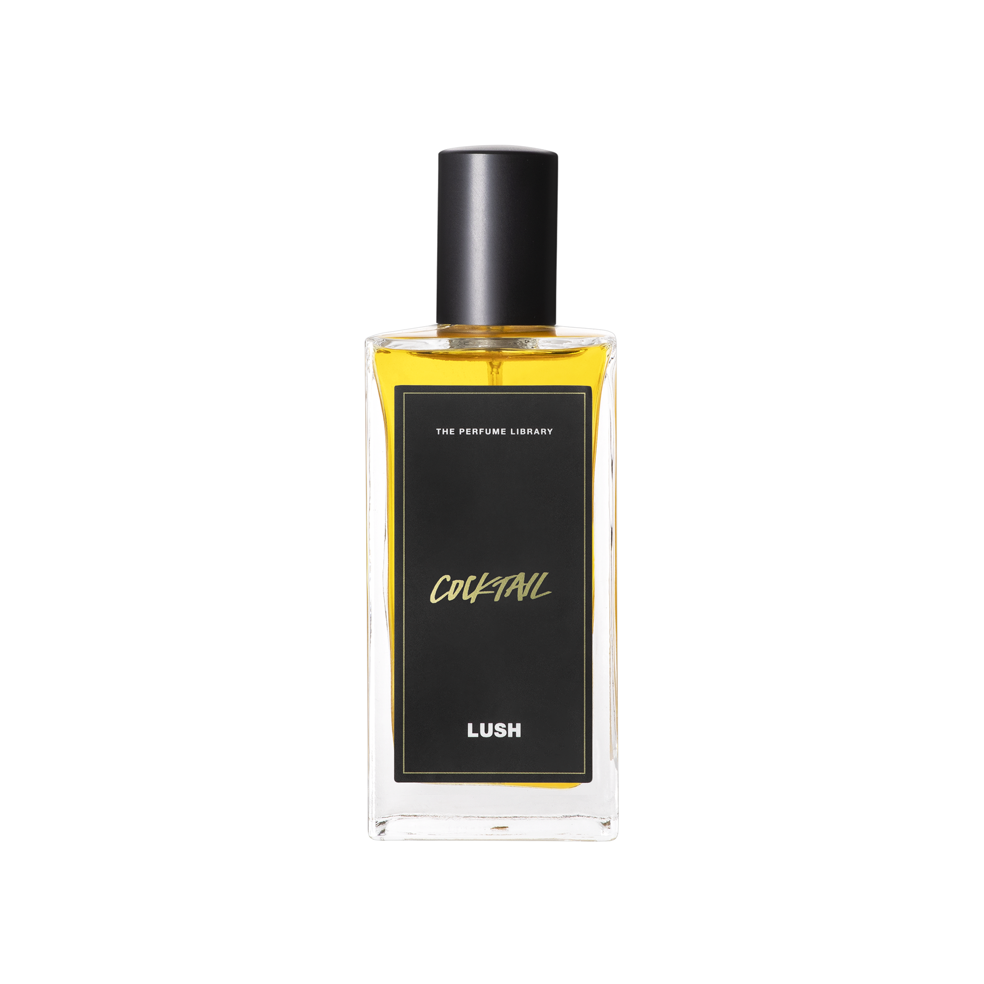 A glass perfume bottle filled with light amber liquid. A black label reads 'The Perfume Library' and 'Cocktail'.