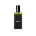 A glass perfume bottle filled with lime green liquid. A black label reads 'The Perfume Library' and 'Confetti'.