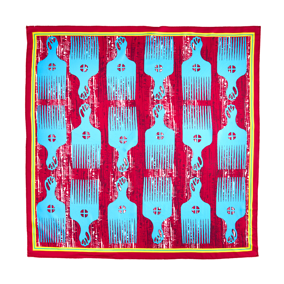Curly Coily knot wrap. A square knot wrap with a rough, red colour base. There is a yellow border with a uniform pattern of blue, wide-tooth afro-combs printed across.