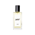 A glass perfume bottle filled with ivory coloured liquid. A white label reads 'Dirty'.