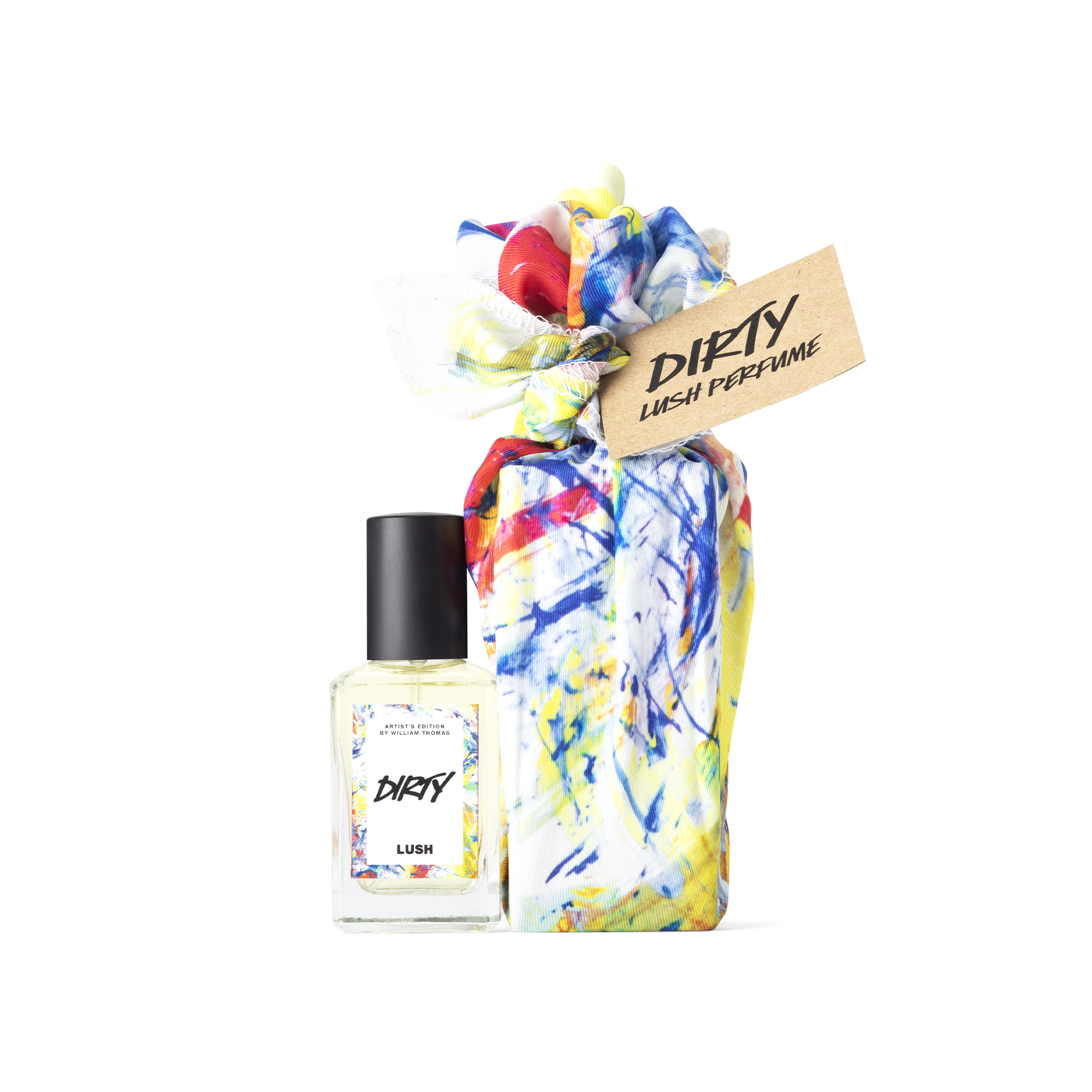 Dirty. A perfume bottle, wrapped in an artistic white, blue, yellow, orange and red knot wrap, complete with a brown gift tag.