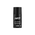 Dirty. A short, cylindrical black push-up tube of the Dirty solid perfume with a black label on the front covering the cap, with the product name and scent printed on it.