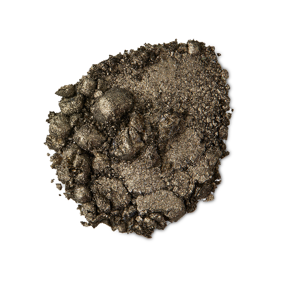 Eclipse Glitter Crumble. A neatly smudged swatch of crumbly, shimmering, gunmetal-brown, metallic eyeshadow.