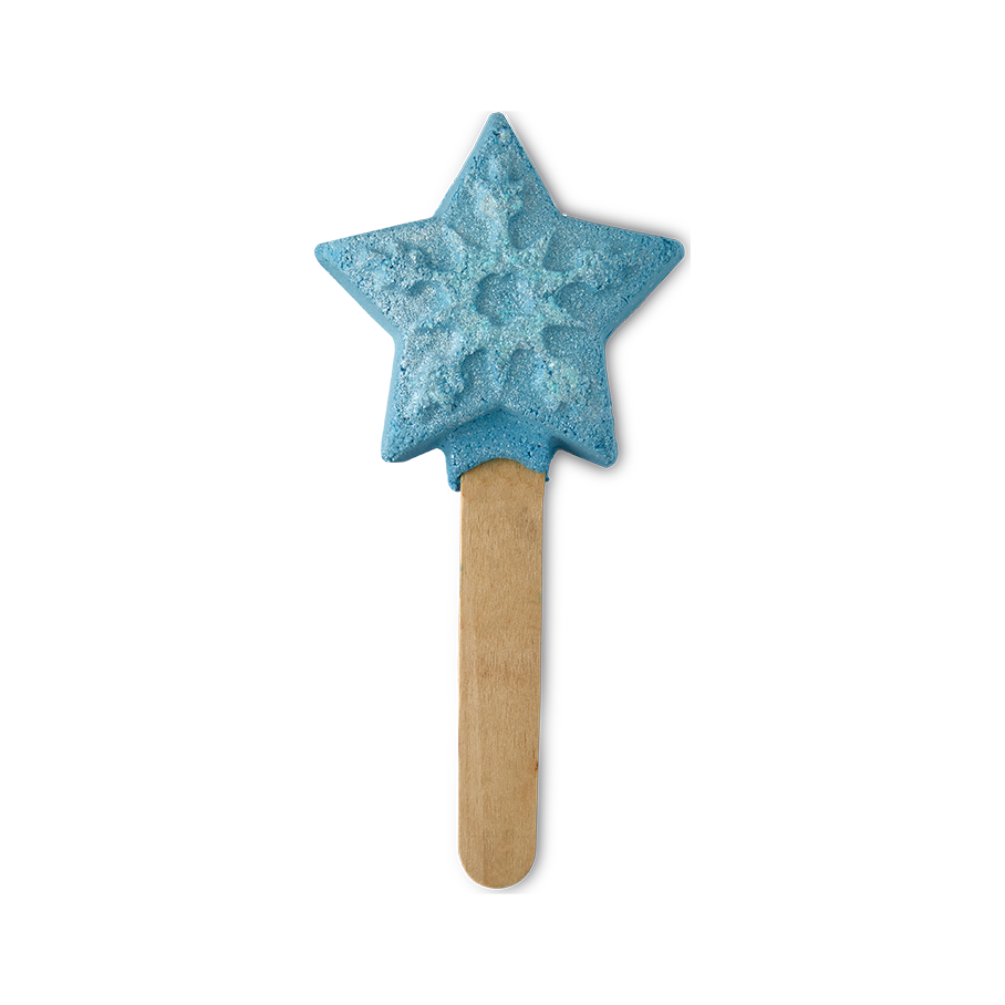 Frozen. A reusable bubble bar comprised of a wooden stick handle and a typical, five-pointed star-shaped, blue bubble bar on top. There is a snowflake shape embossed on the star and a visible silver shimmer throughout the product.
