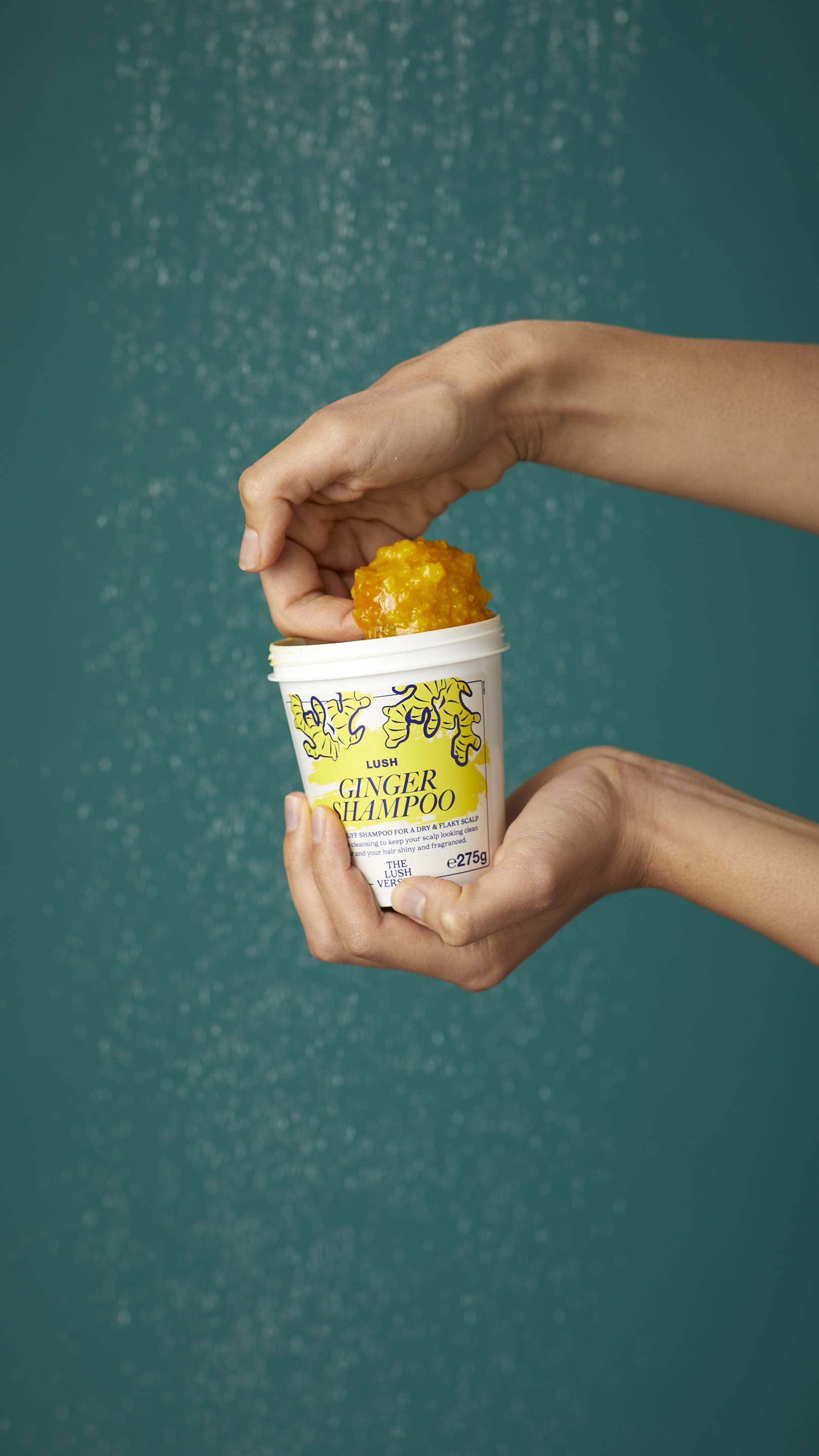 The image shows the model's arms stretched into the centre holding the white, LUSH Version-themed packed pot of the Ginger shampoo. One of their hands is scooping the product out. There is a teal background.