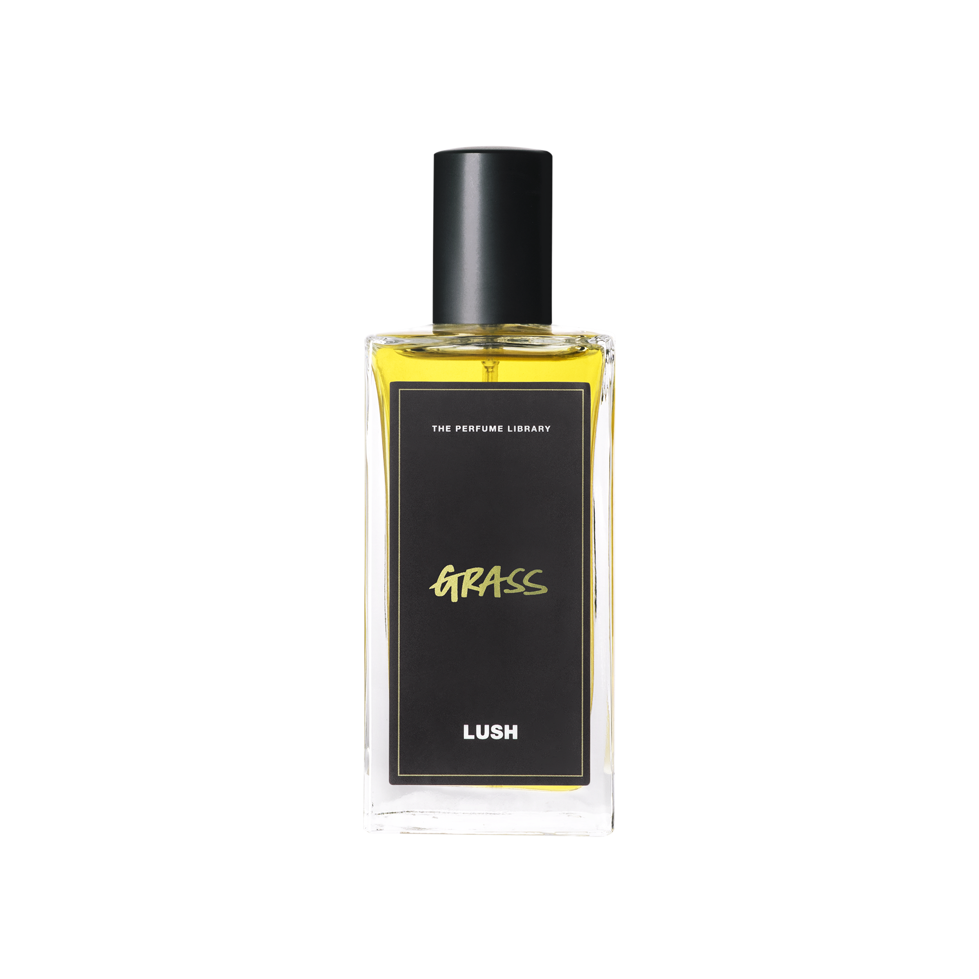 A glass perfume bottle filled with canary yellow liquid. A black label reads 'The Perfume Library' and 'Grass'.