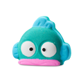 Hangyodon. A teal bath bomb shaped like a cartoon fish character with a pink mouth, large white eyes with black pupils, and light blue fins.