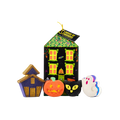 A Lush 'House of Horrors' gift. A house-shaped box stands behind four Halloween-themed bath products: a purple haunted house, an orange pumpkin, a black cat head, and a white ghost with blue and pink edges.