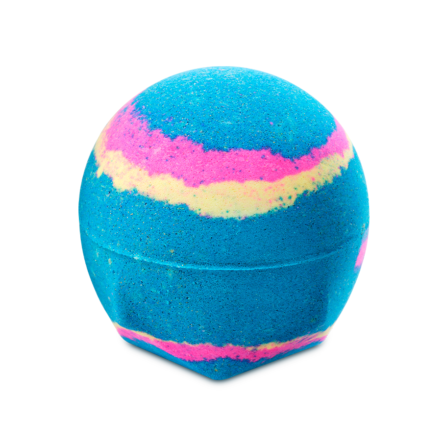 The dry, spherical Intergalactic bath bomb sits on a plain background. The product is predominantly deep blue, marbled with vibrant swirls of neon pink and bright yellow.
