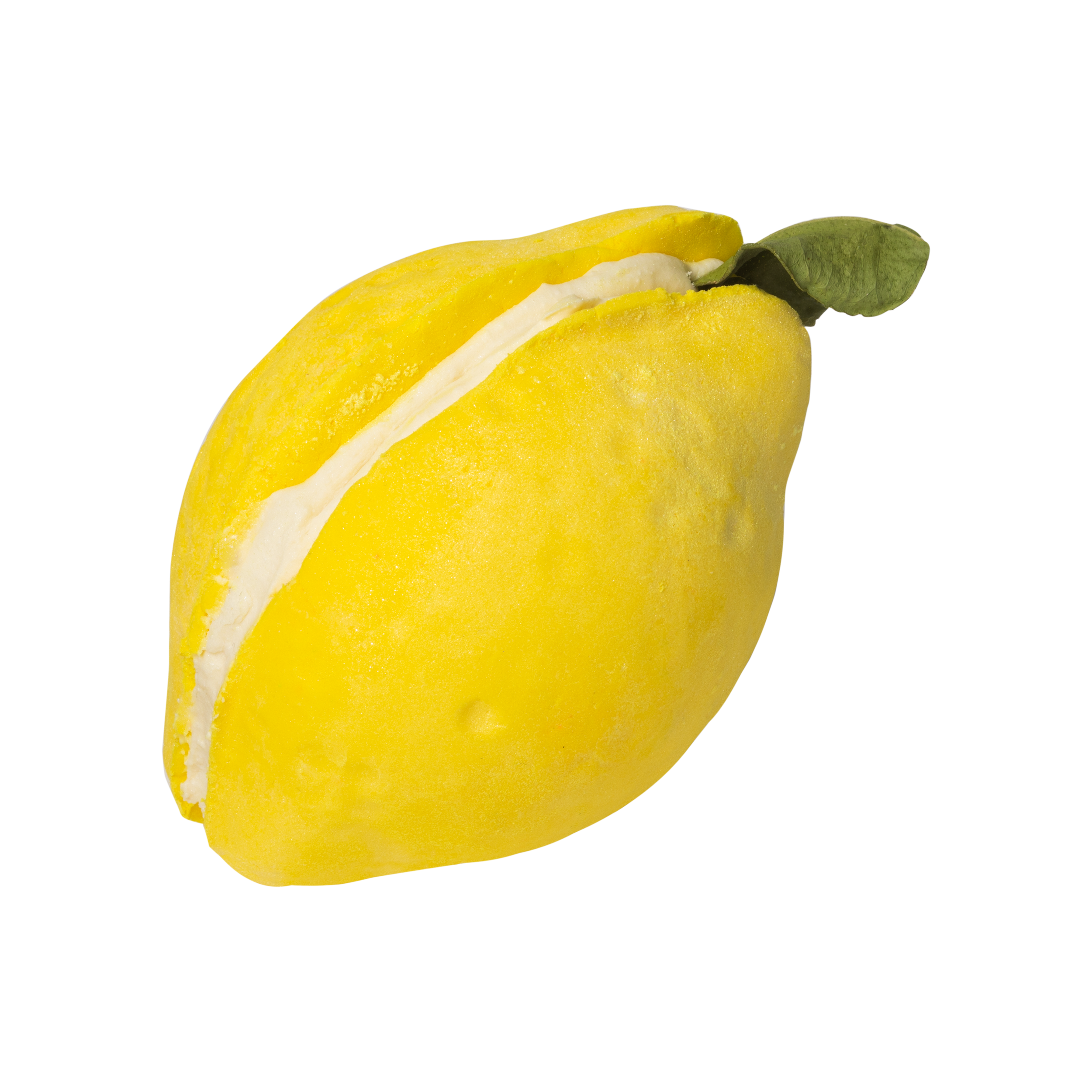 Lemon Crumble Bubble Bar. Shaped like a lemon with a white cream filling and leaf at the top.