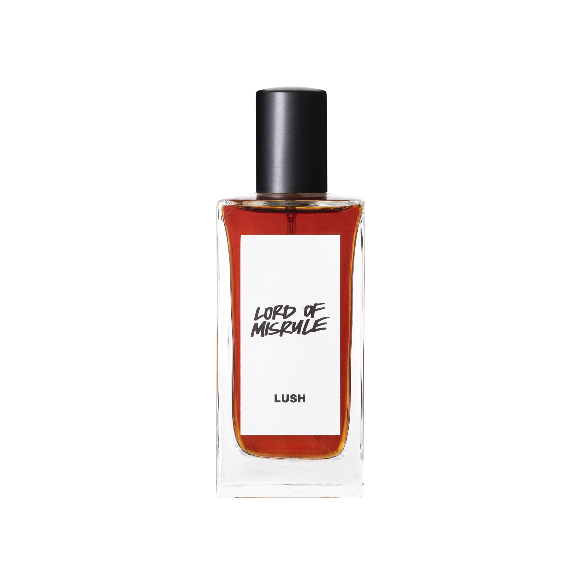 A glass perfume bottle filled with mahogany coloured liquid. A white label reads 'Lord Of Misrule'.