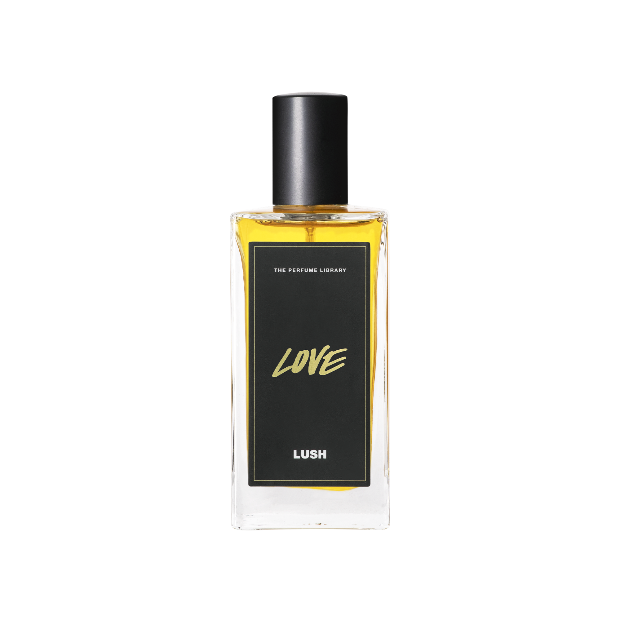 A glass perfume bottle filled with light amber liquid. A black label reads 'The Perfume Library' and 'Love'.