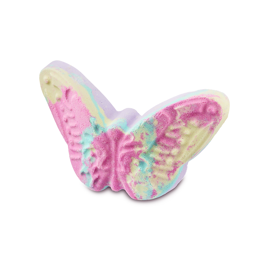 A butterfly-shaped bath bomb with vibrant, marbled colors of pink, yellow, turquoise, and purple. The detailed wings feature molded patterns.
