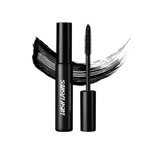 A tube and wand of Lush Lashes mascara, both made of black Lush plastic, are positioned in front of a swatch of black mascara.