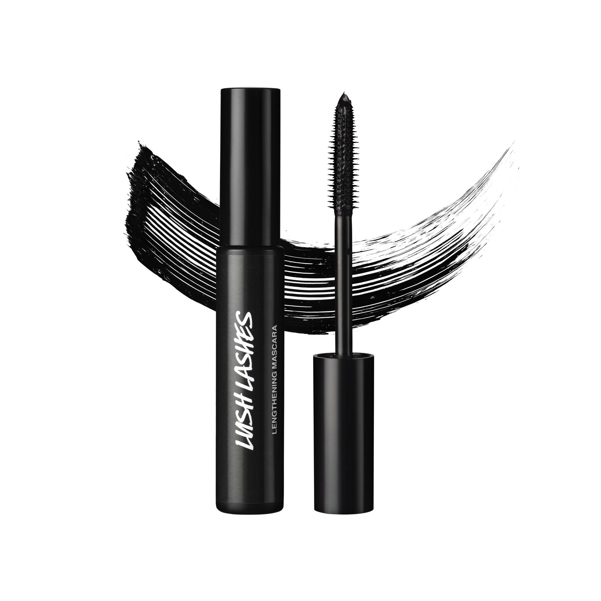 A tube and wand of Lush Lashes mascara, both made of black Lush plastic, are positioned in front of a swatch of black mascara.