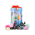 The image shows the 'Lush Life' gift set. A tall, hexagonal gift box with colourful illustrations sits behind a selection of 12 products, including bath bombs, soap, and potted products.