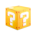 Bright yellow Question Block Gift Box cube.. Each face features a large white question mark and circular rivets in the corners. The LUSH logo is visible on the top.