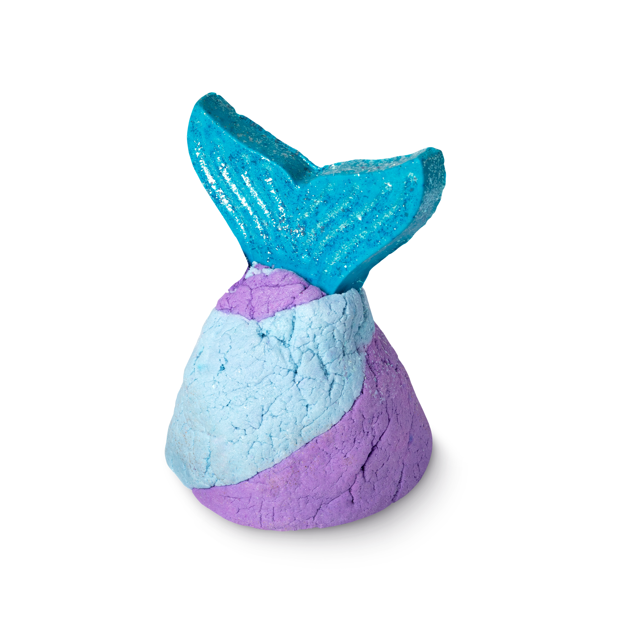 Mermaid Tail Bubble Bar. Shaped like a purple and blue swirled fish tail with a blue fin at the top.