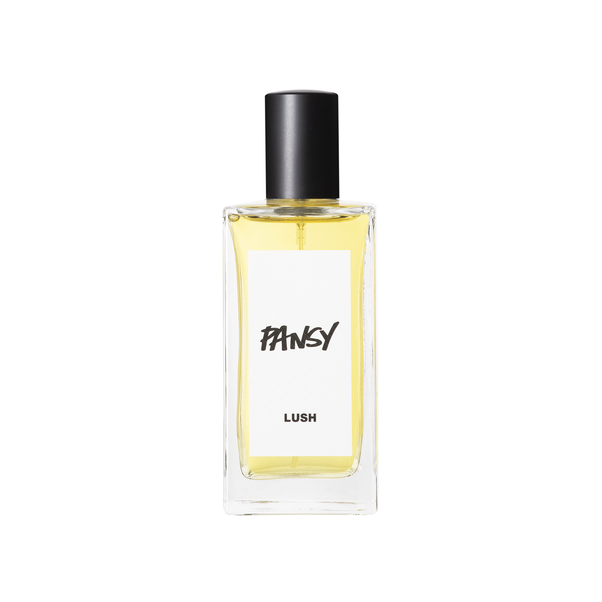 A glass perfume bottle filled with pale yellow liquid. A white label reads 'Pansy'.