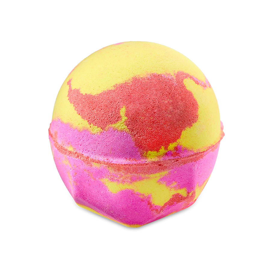 A spherical bath bomb with a vibrant, marbled design in shades of bright yellow, neon pink, and deep reddish-orange. The textured surface features swirling patterns of color.