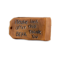 Please Look After This Bear. A brown, luggage-tag-shaped bar of soap inspired by Paddington Bear. The textured surface features the embossed message 'Please look after this bear, thank you' in handwritten-style script.