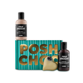 Posh Choc. A rectangular, cardboard gift box designed with light and dark teal stripes with the words "Posh Choc" in thick gold writing. A massage bar, Posh Chocolate body lotion and shower gel sit around the box.