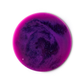 A circular, top-down view of swirling deep purple and vibrant magenta liquid. The shower gel is filled with shimmering plastic-free glitter.