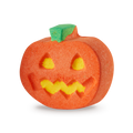 Punkin Pumpkin. a vibrant orange, pumpkin-shaped bath bomb with a green stem. Its front features carved yellow triangular eyes, a triangular nose, and a zig-zag mouth
