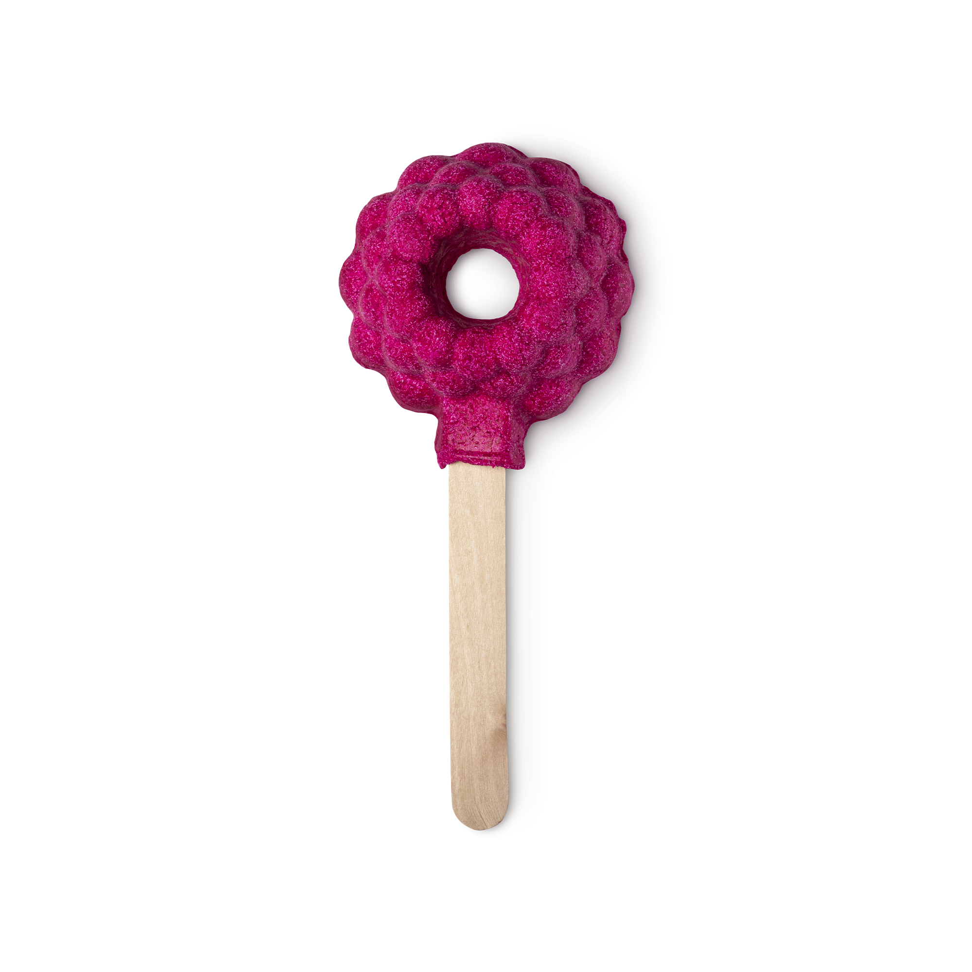 Raspberry Blower Bubble Bar. A red bumpy raspberry shape with a hole in the middle is mounted on a stick like an ice lolly.