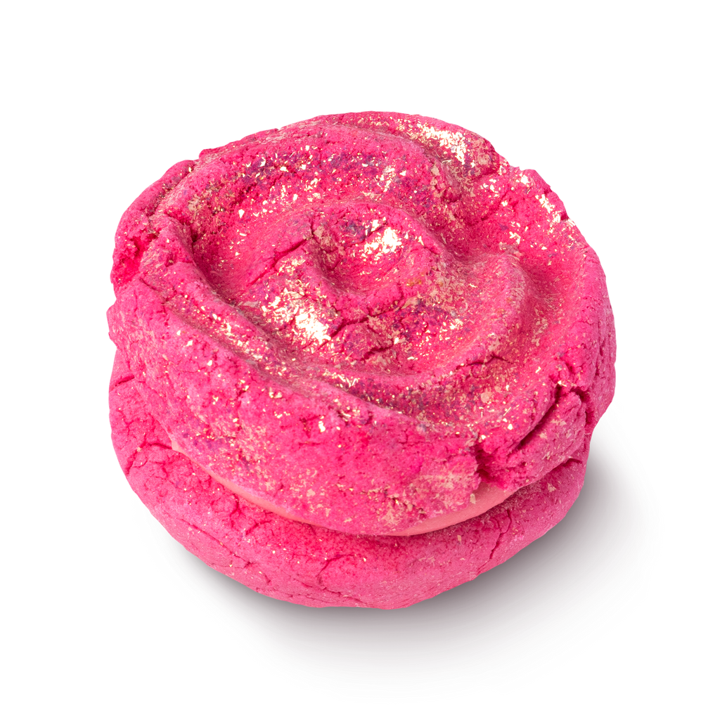 Rose Jam Bubbleroon. Round and pink with a rose shaped glittery top.