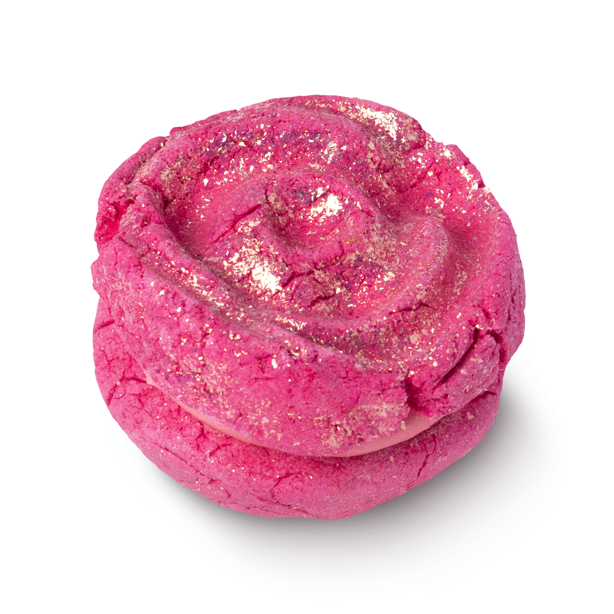 Rose Jam Bubbleroon. Round and pink with a rose shaped glittery top.