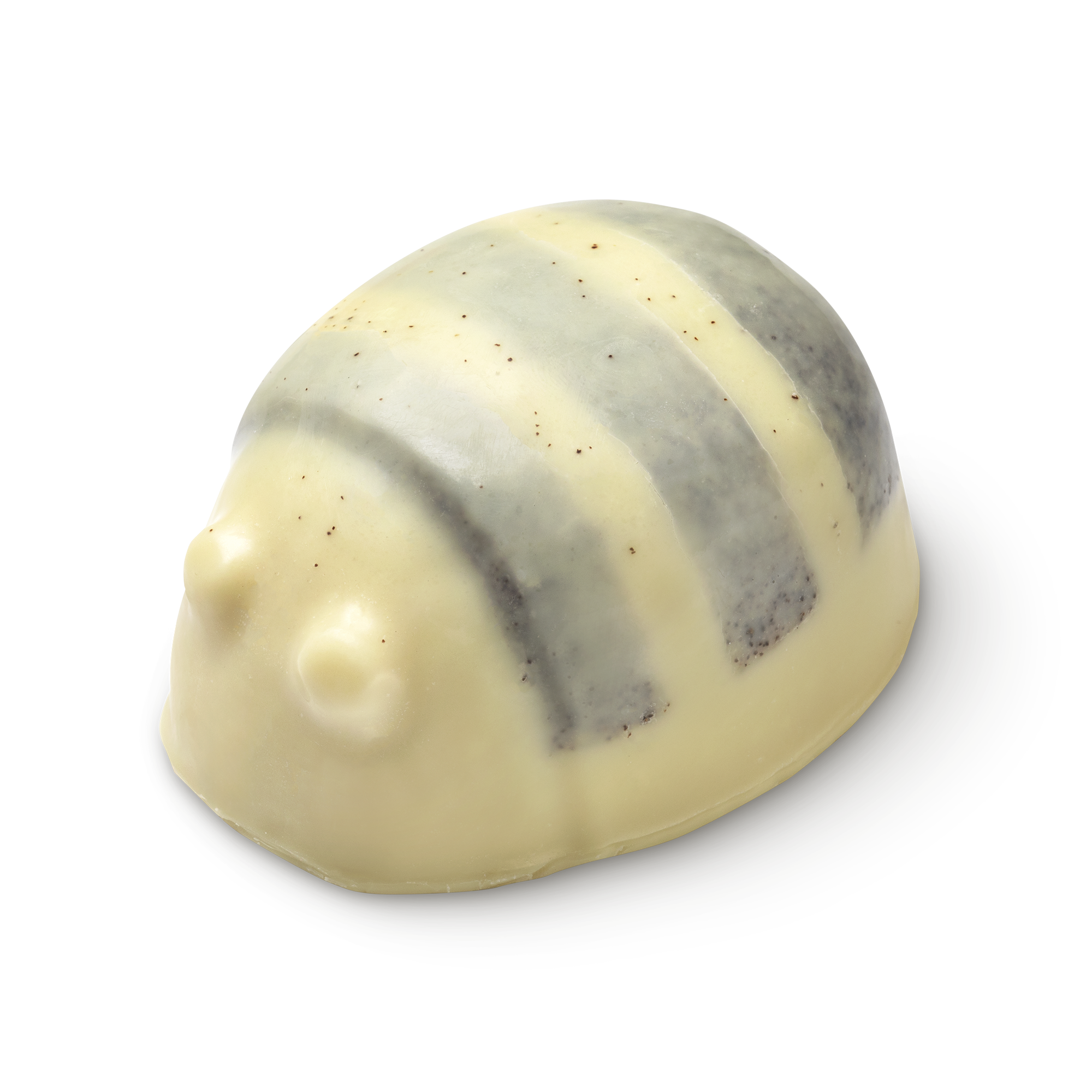 Scrubee solid body butter. The image shows a pale cream, bee-shaped product with a rounded top and small eyes. It features three, textured stripes across its back, appearing smooth and solid.
