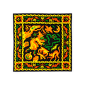 Season of the Witch knot wrap. A square fabric wrap with a vibrant, witch-themed Halloween illustration. Bright yellow, orange, and green figures including a witch, cauldron, ghost, and cat are framed by a decorative yellow border.