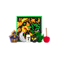 Season of the Witch gift. A colourful witch-themed gift box stands behind an array of six Halloween-themed bathing products, including bath bombs, a shower gel, a bubble bar and a shower gummy.