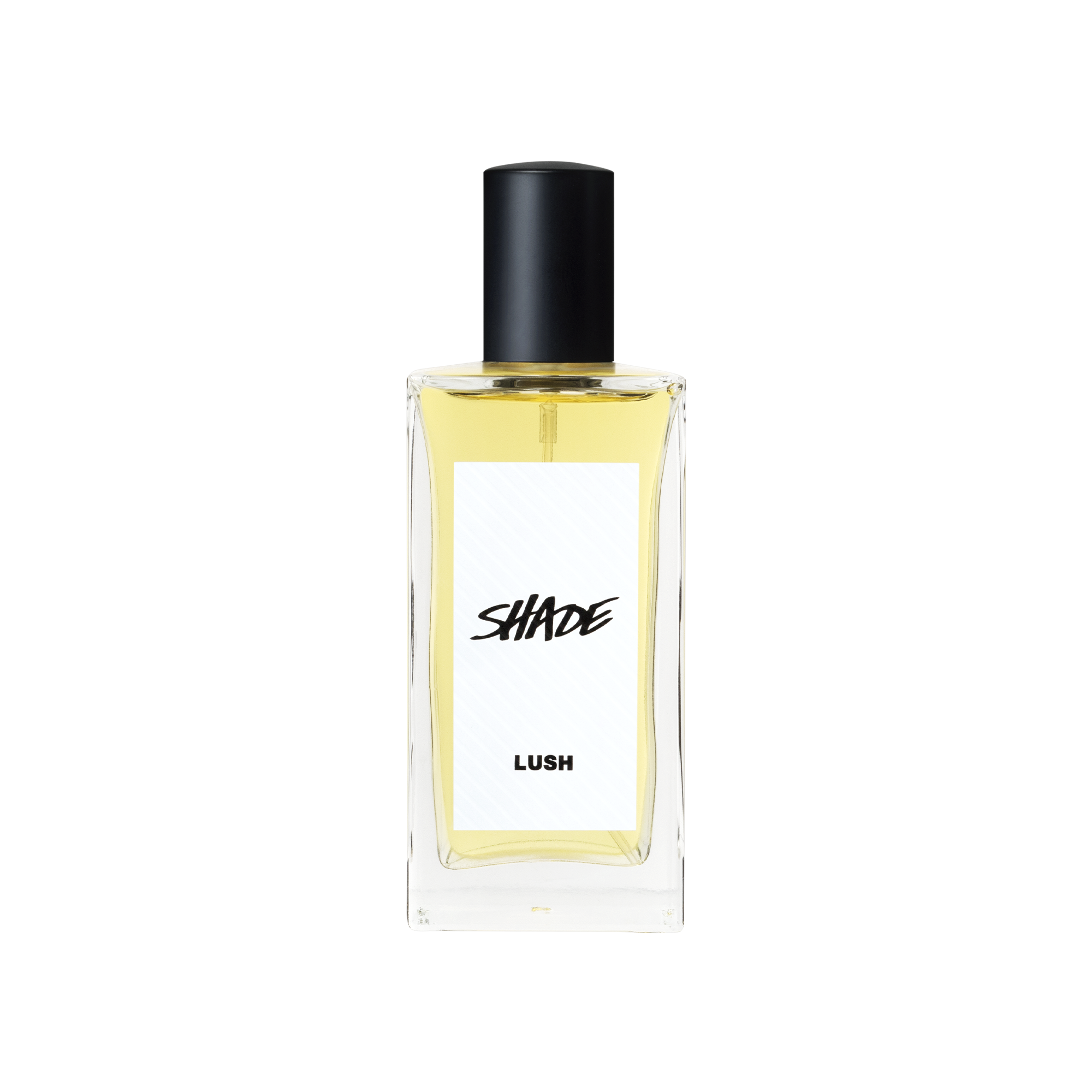A glass perfume bottle filled with pale yellow liquid. A white label reads 'Shade'.