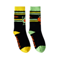 Fresh Values. Black socks with the toe, heel and top striped with bright yellow and green. Socks have an avocado and tomato on.