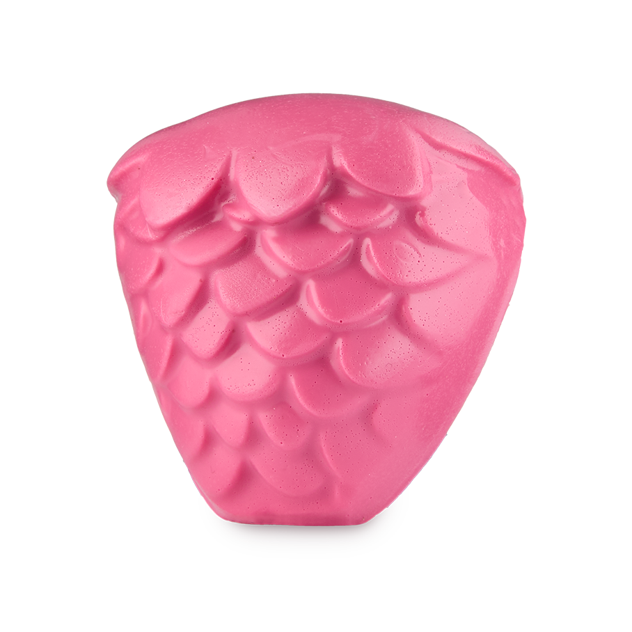 Strawberry. A gelatinous facial gummy cleanser in the shape of a strawberry. The product is a bright pink colour with a scallop-like texture across.