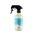 A bottle of Lush 'Super Milk' Glitter Mist. The clear bottle contains a cream-coloured liquid and features a black trigger spray nozzle. The bright blue label has clouds and bold yellow lettering.