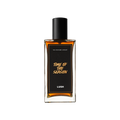 Time Of The Season. A rectangular, glass perfume bottle with a black cap is filled with translucent,deep-amber liquid. A black label reads 'Time Of The Season'.
