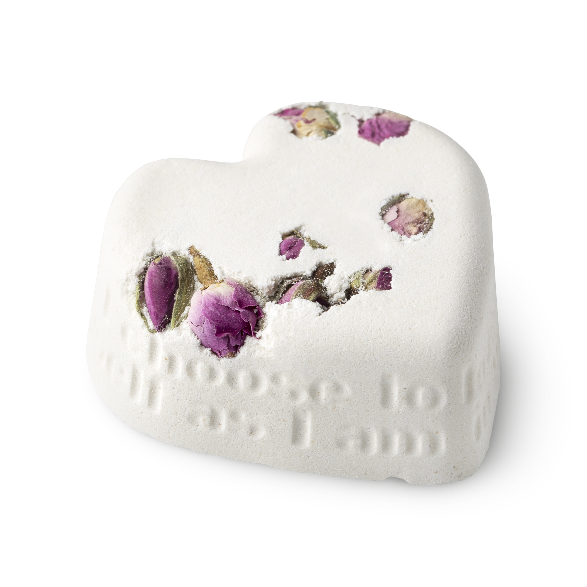Tisty Tosty. A white, heart shaped bath bomb, topped with dried rosebuds, and a loving inscription running along its side edge.